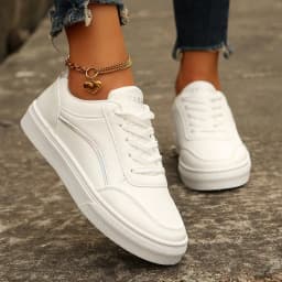 image-Lace-up White Flats Shoes Fashion Round Toe Slip-on Thick Sole Casual Shoes For Women