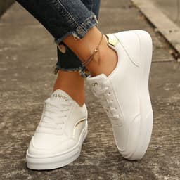 image-Lace-up White Flats Shoes Fashion Round Toe Slip-on Thick Sole Casual Shoes For Women