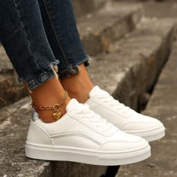 image-Lace-up White Flats Shoes Fashion Round Toe Slip-on Thick Sole Casual Shoes For Women