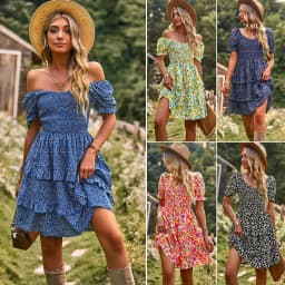 image-Floral Ruffle Summer Dress Short Sleeve Off Shoulder Mini Dress Beach