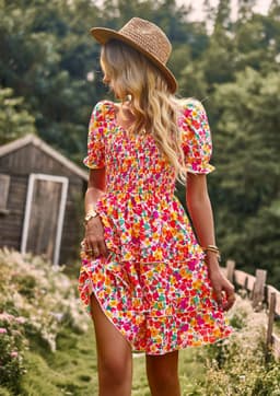 image-Floral Ruffle Summer Dress Short Sleeve Off Shoulder Mini Dress Beach