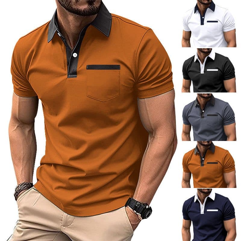 image-Lapel Fashion Slim Pocket Short-sleeved T-shirt Polo Shirt Men Clothing