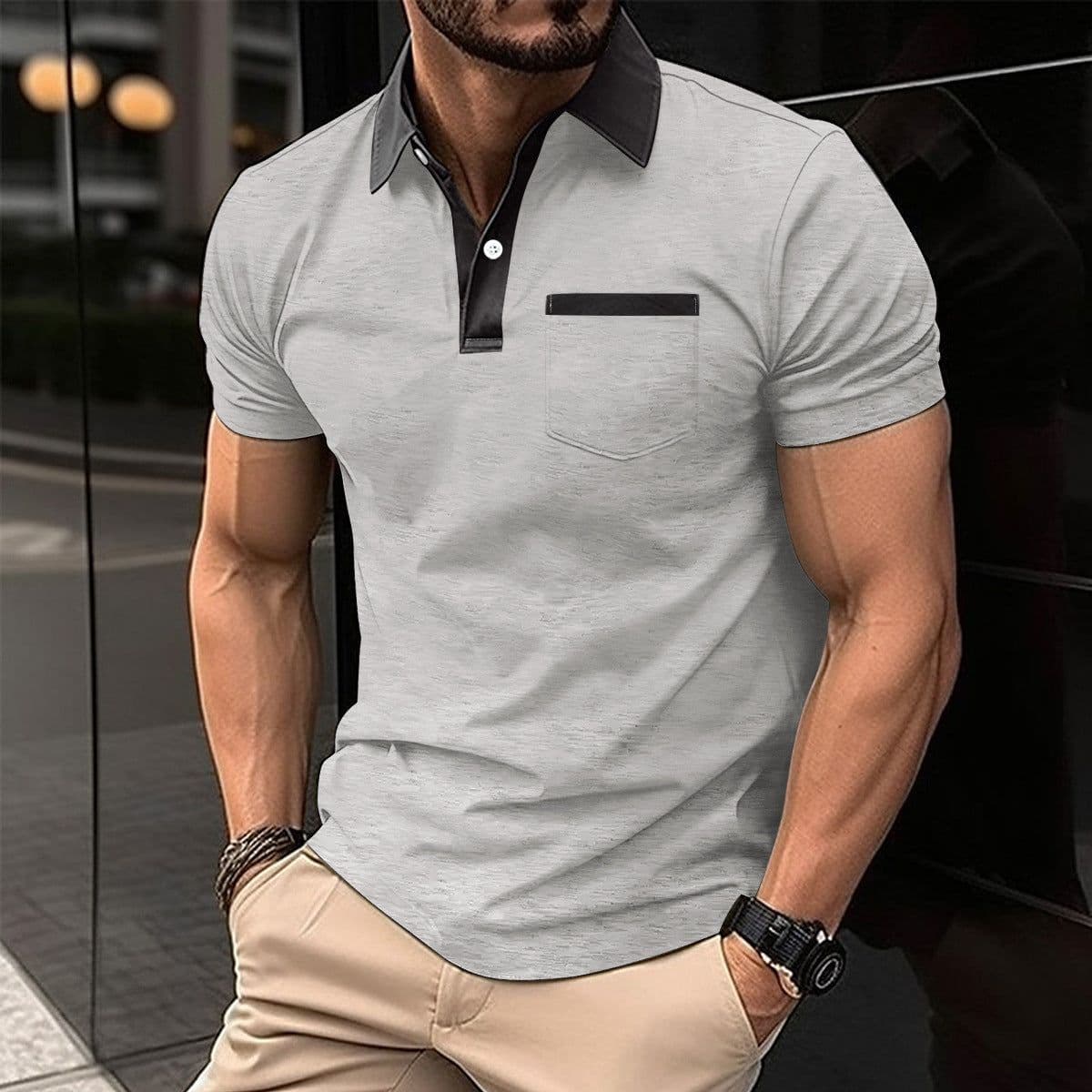 image-Lapel Fashion Slim Pocket Short-sleeved T-shirt Polo Shirt Men Clothing