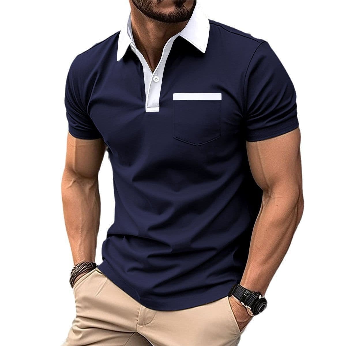 image-Lapel Fashion Slim Pocket Short-sleeved T-shirt Polo Shirt Men Clothing