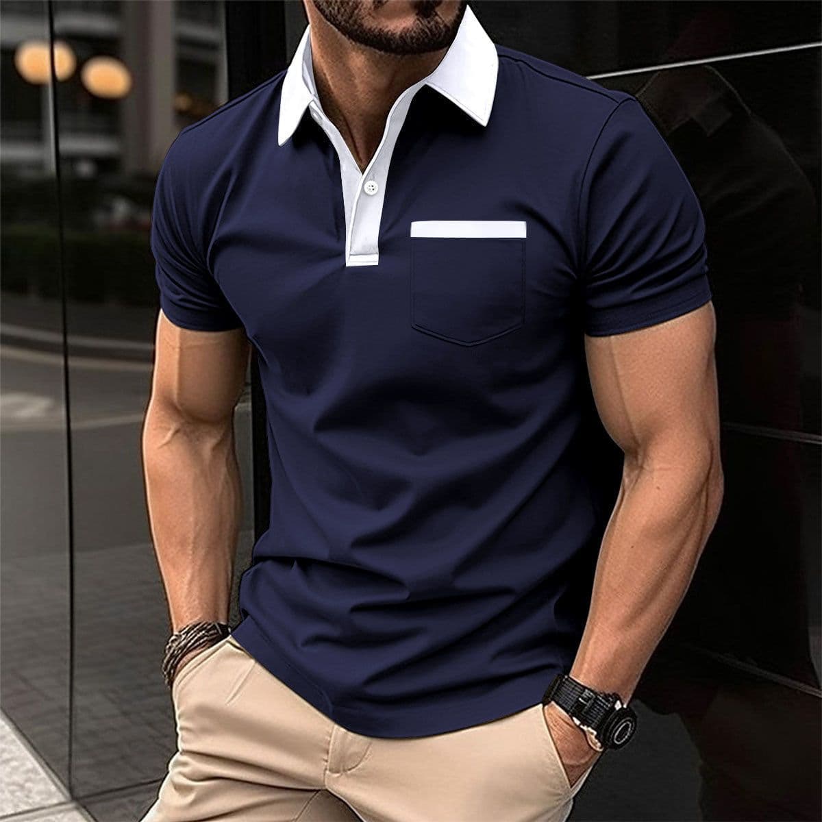 image-Lapel Fashion Slim Pocket Short-sleeved T-shirt Polo Shirt Men Clothing