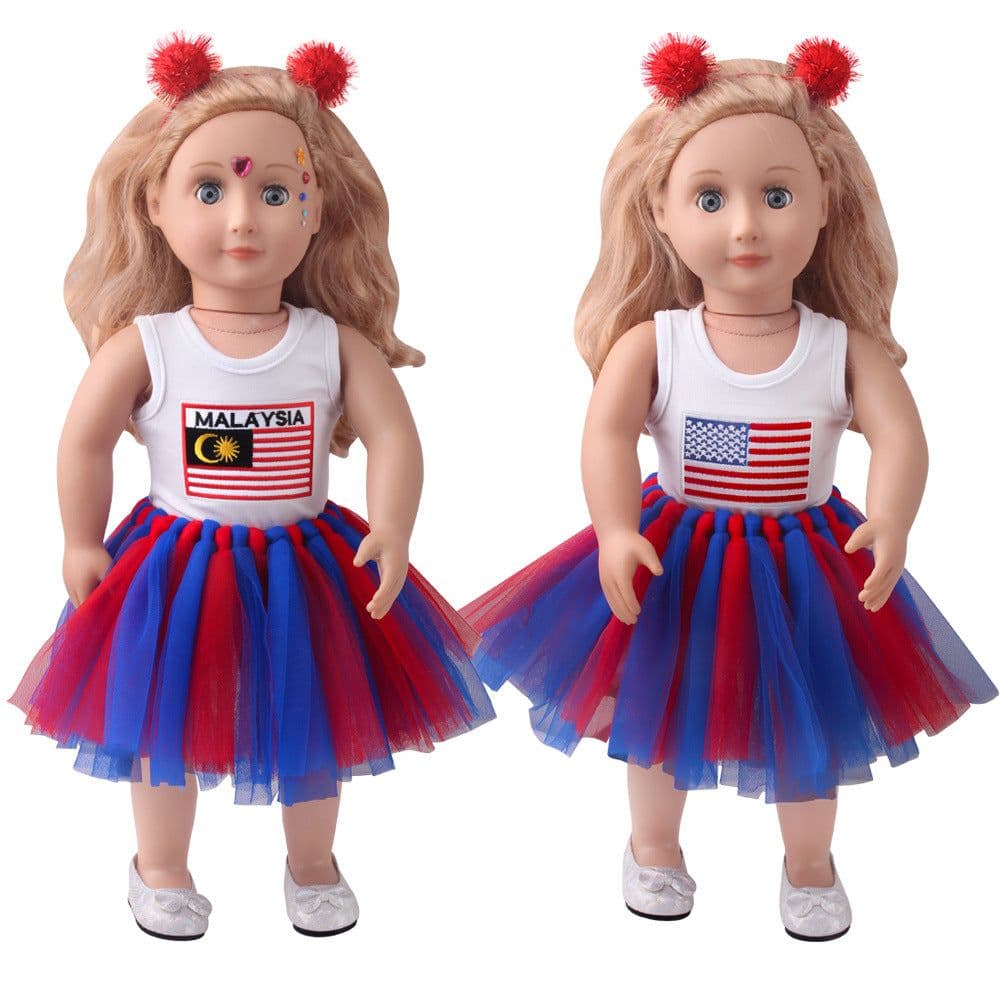 image-18-inch American Girl Doll Clothes Printed Short Sleeve Handmade Veil Skirt Hair Ball Hair Hoop