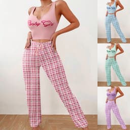 image-Spring Summer Women's Casual Pajamas Home Wear Vest Color Matching Plaid Trousers Letter Print Top Ladies 2 Pcs Home Clothes Sleepwear
