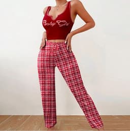 image-Spring Summer Women's Casual Pajamas Home Wear Vest Color Matching Plaid Trousers Letter Print Top Ladies 2 Pcs Home Clothes Sleepwear