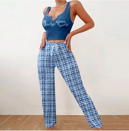 image-Spring Summer Women's Casual Pajamas Home Wear Vest Color Matching Plaid Trousers Letter Print Top Ladies 2 Pcs Home Clothes Sleepwear