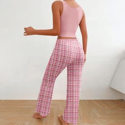 image-Spring Summer Women's Casual Pajamas Home Wear Vest Color Matching Plaid Trousers Letter Print Top Ladies 2 Pcs Home Clothes Sleepwear
