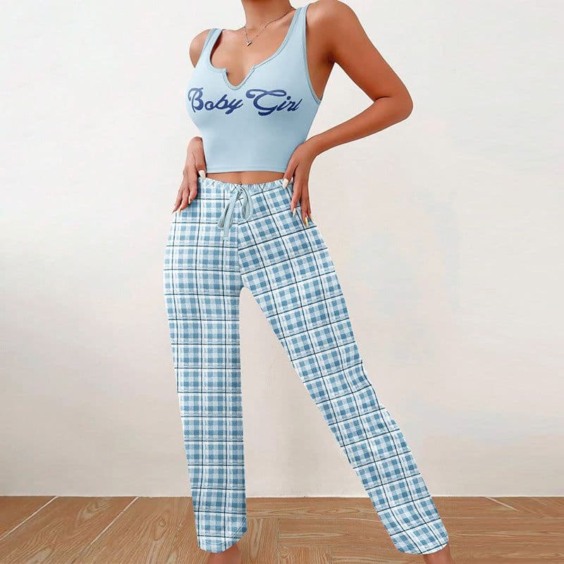 image-Spring Summer Women's Casual Pajamas Home Wear Vest Color Matching Plaid Trousers Letter Print Top Ladies 2 Pcs Home Clothes Sleepwear