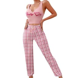 image-Spring Summer Women's Casual Pajamas Home Wear Vest Color Matching Plaid Trousers Letter Print Top Ladies 2 Pcs Home Clothes Sleepwear