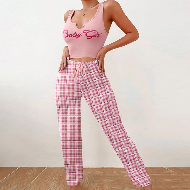 image-Spring Summer Women's Casual Pajamas Home Wear Vest Color Matching Plaid Trousers Letter Print Top Ladies 2 Pcs Home Clothes Sleepwear