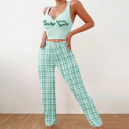 image-Spring Summer Women's Casual Pajamas Home Wear Vest Color Matching Plaid Trousers Letter Print Top Ladies 2 Pcs Home Clothes Sleepwear