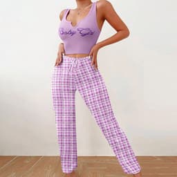 image-Spring Summer Women's Casual Pajamas Home Wear Vest Color Matching Plaid Trousers Letter Print Top Ladies 2 Pcs Home Clothes Sleepwear