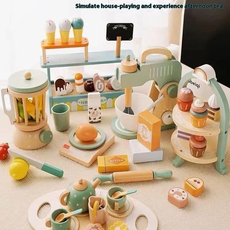 image-Wooden Children's Kitchen Toy Imitation Coffee Maker Playhouse Set