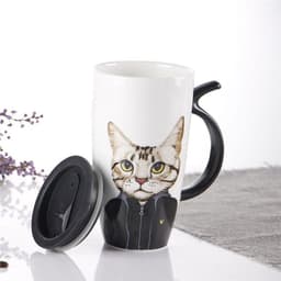 image-Cute Cat Ceramic Mug With Lid And Spoon Large Capacity Coffee Cup