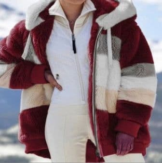image-Women's Loose Plush Multicolor Hooded Jacket