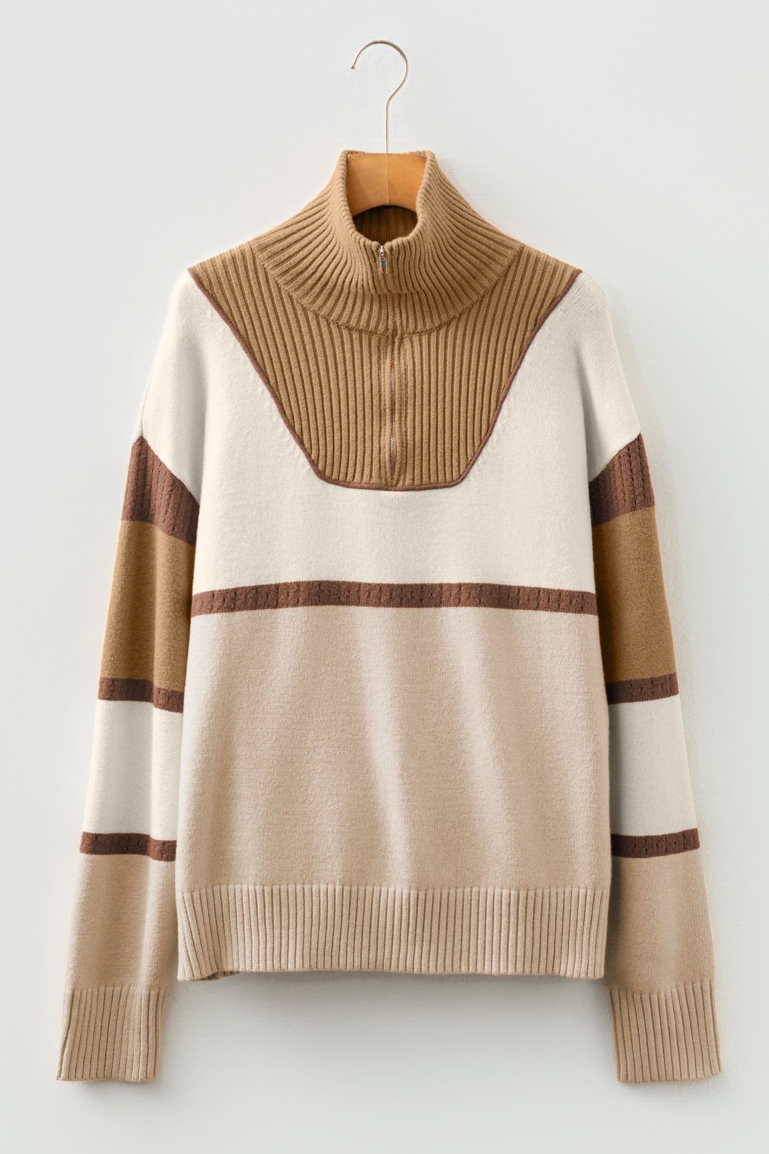 image-Parchment Colorblock Zipped Collared Pullover Sweater