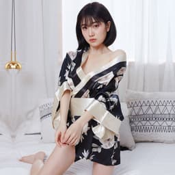 image-Sexy Kimono Uniform Cosplay Lingerie - Black Satin