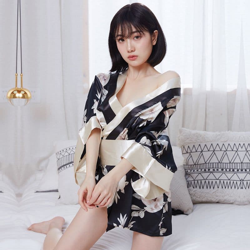 image-Sexy Kimono Uniform Cosplay Lingerie - Black Satin