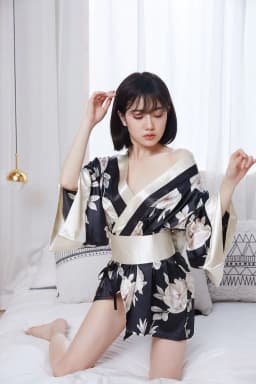 image-Sexy Kimono Uniform Cosplay Lingerie - Black Satin