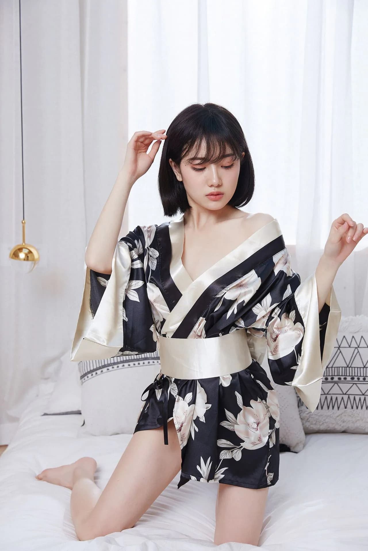 image-Sexy Kimono Uniform Cosplay Lingerie - Black Satin