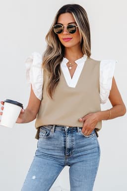 image-Pale Khaki Contrast V Neck Ruffled Knit Top