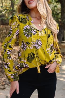 image-Yellow Vintage Floral V Neck Ruffle Trim Long Sleeve Blouse
