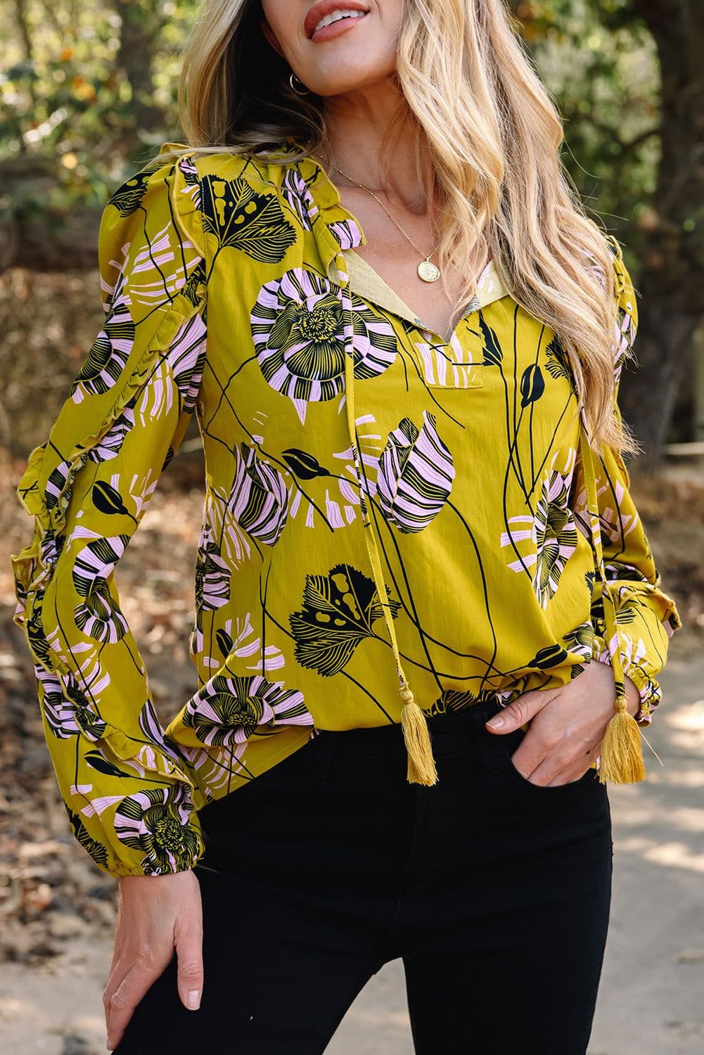 image-Yellow Vintage Floral V Neck Ruffle Trim Long Sleeve Blouse