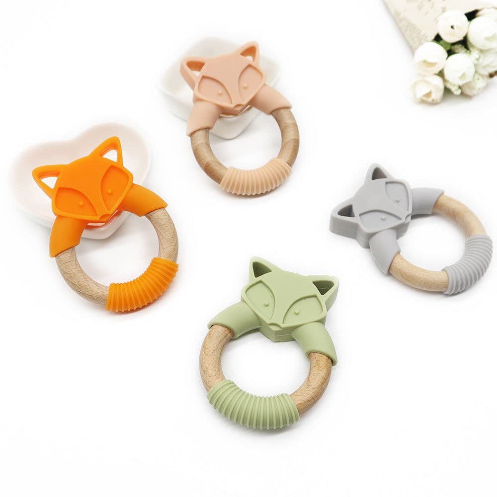 image-Baby Silicone Wood Ring Fox Baby Teether Molar Stick Toy