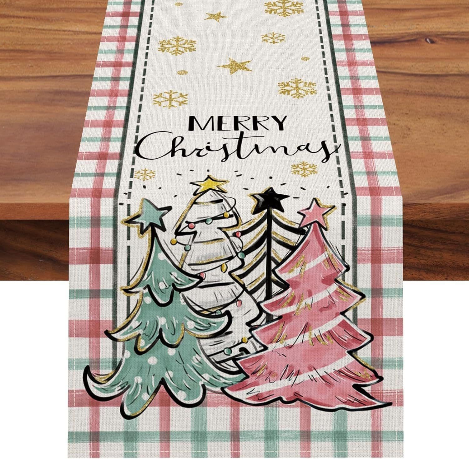 image-Christmas Trees Merry Xmas Table Runner, Seasonal Winter Holiday Kitchen Dining Table Decoration For Indoor Outdoor Home Party Decor 13 X 72 Inch