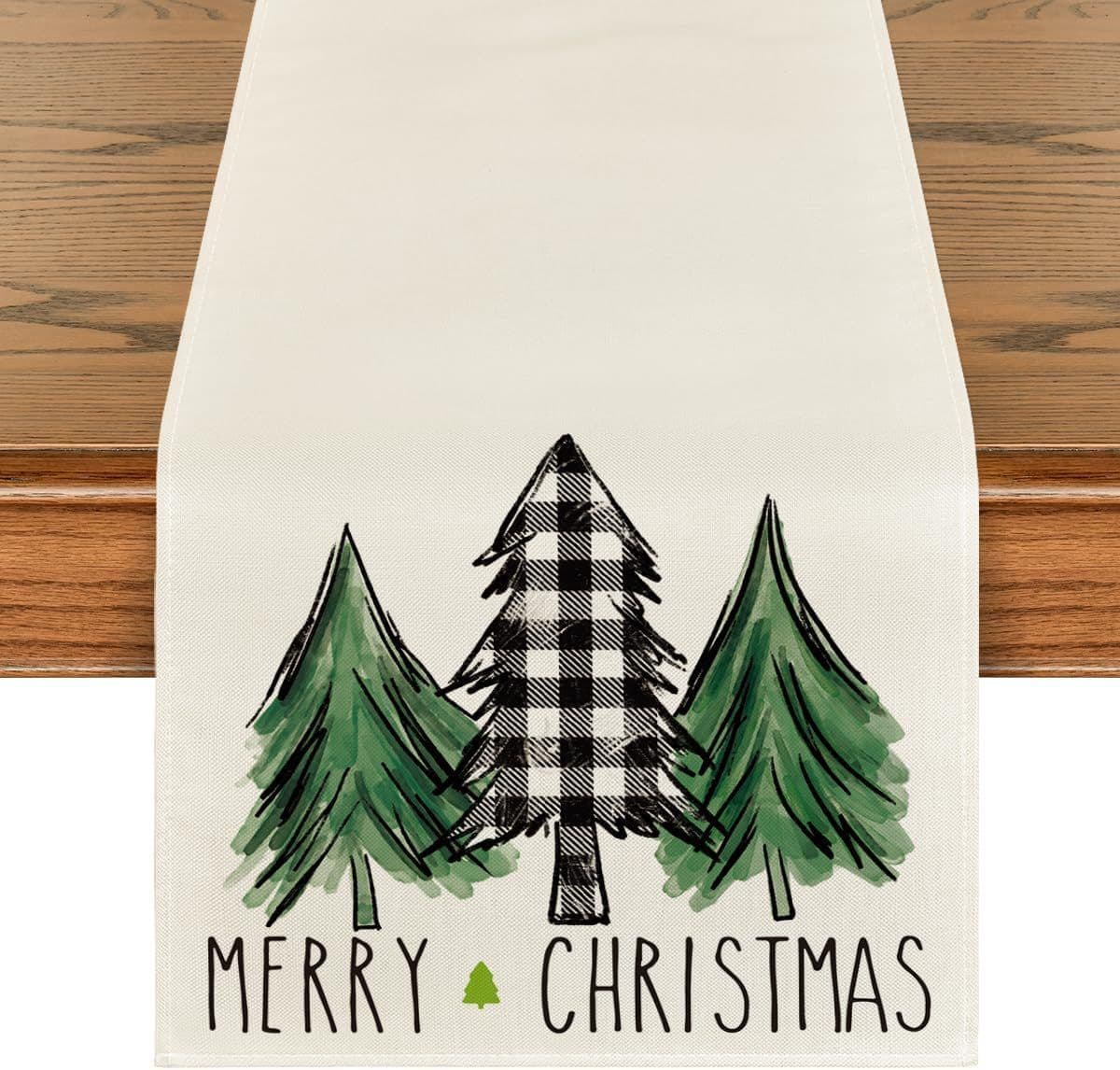 image-Christmas Trees Merry Xmas Table Runner, Seasonal Winter Holiday Kitchen Dining Table Decoration For Indoor Outdoor Home Party Decor 13 X 72 Inch
