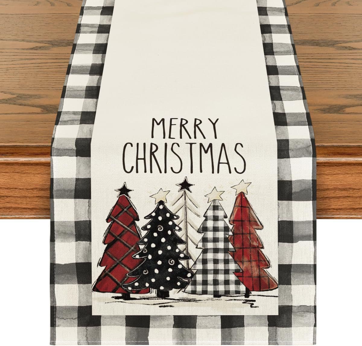 image-Christmas Trees Merry Xmas Table Runner, Seasonal Winter Holiday Kitchen Dining Table Decoration For Indoor Outdoor Home Party Decor 13 X 72 Inch
