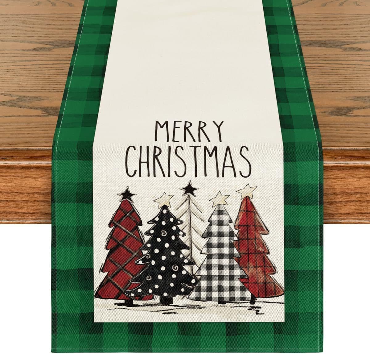 image-Christmas Trees Merry Xmas Table Runner, Seasonal Winter Holiday Kitchen Dining Table Decoration For Indoor Outdoor Home Party Decor 13 X 72 Inch