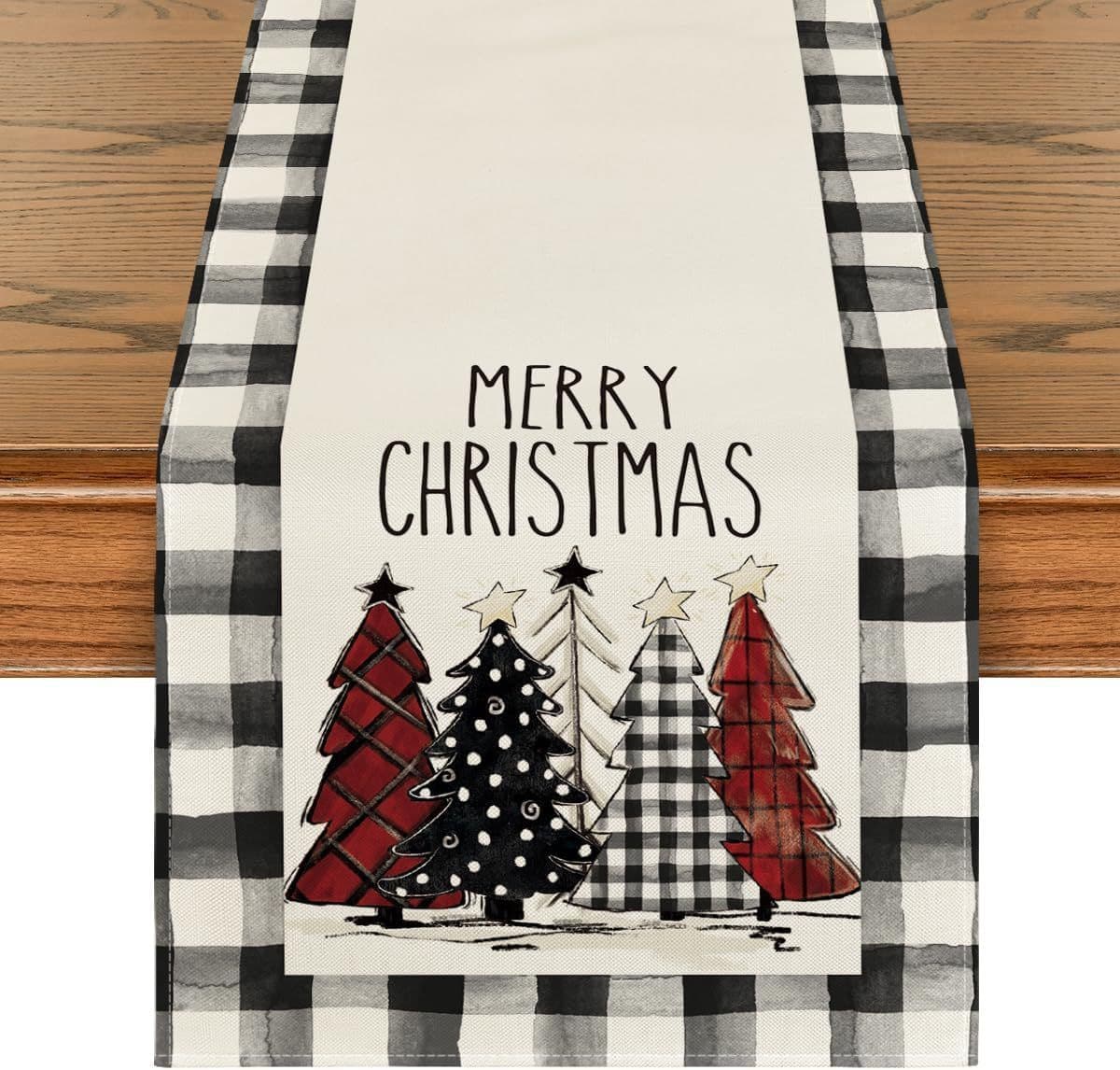 image-Christmas Trees Merry Xmas Table Runner, Seasonal Winter Holiday Kitchen Dining Table Decoration For Indoor Outdoor Home Party Decor 13 X 72 Inch
