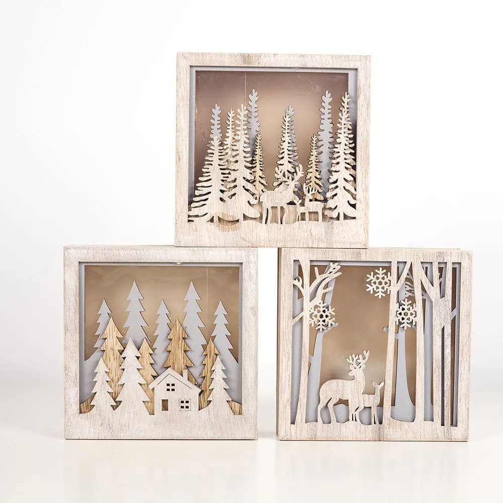 image-Christmas Decoration Ornaments Wooden Luminous Small Square Box