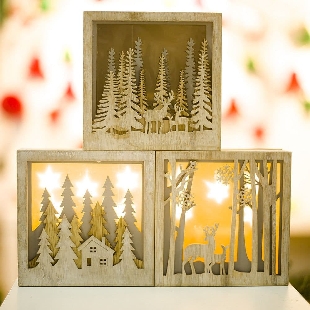 image-Christmas Decoration Ornaments Wooden Luminous Small Square Box