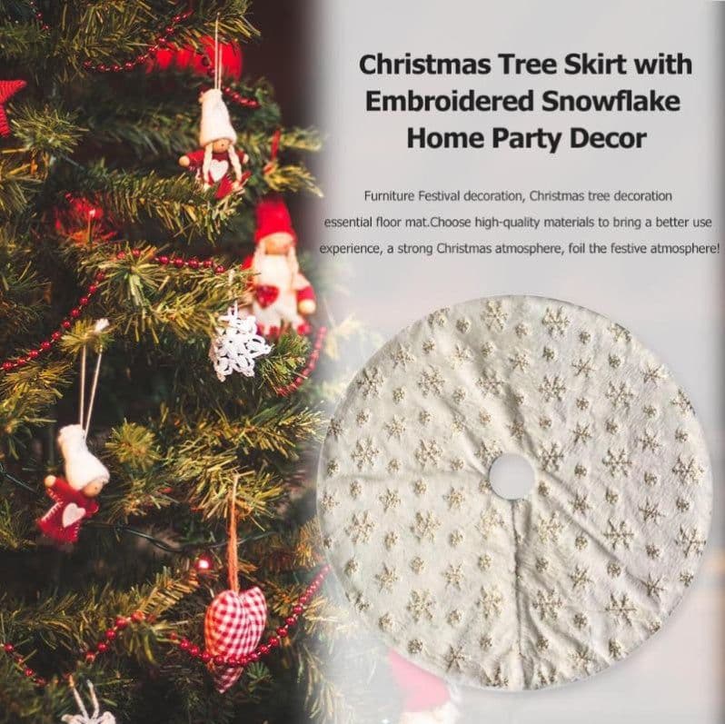 image-Golden Sequin Faux Rabbit Fur Embroidered Snowflake Tree Skirt