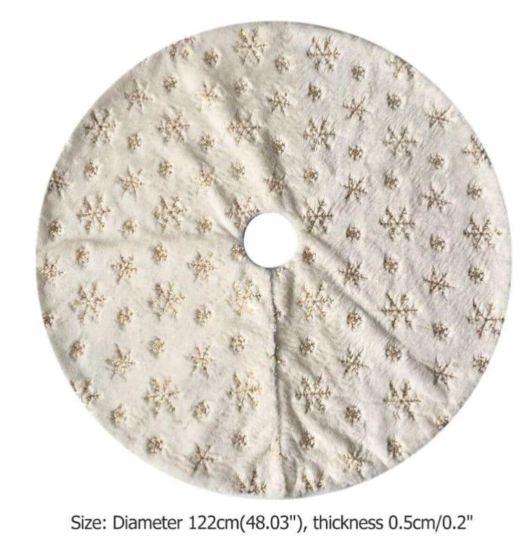 image-Golden Sequin Faux Rabbit Fur Embroidered Snowflake Tree Skirt
