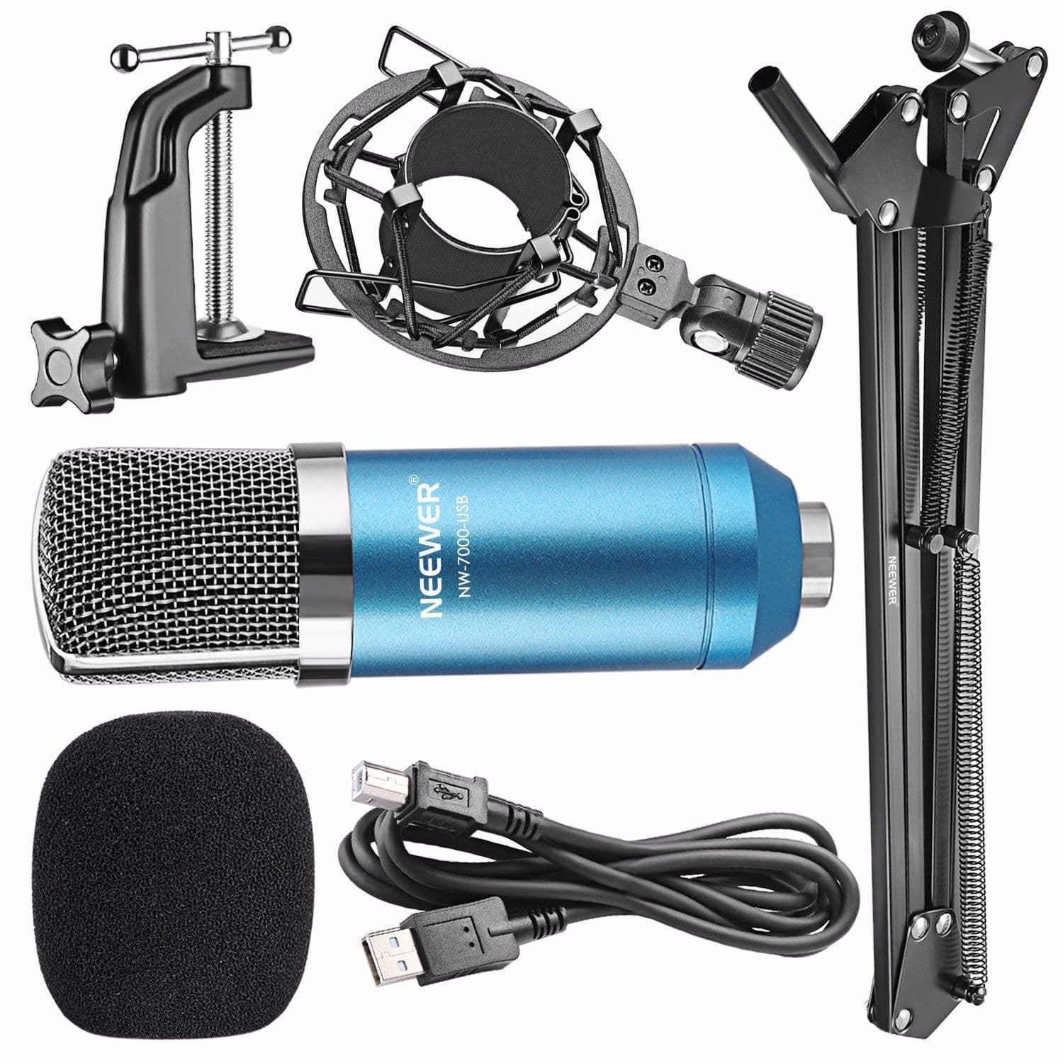 image-Neewer NW-7000 USB Professional Studio Condenser Microphone and NW-35 Adjustable Suspension Scissor Arm Stand with Shock Mount and Table Mounting Clamp Kit Perfect for Broadcasting and Sound Recording