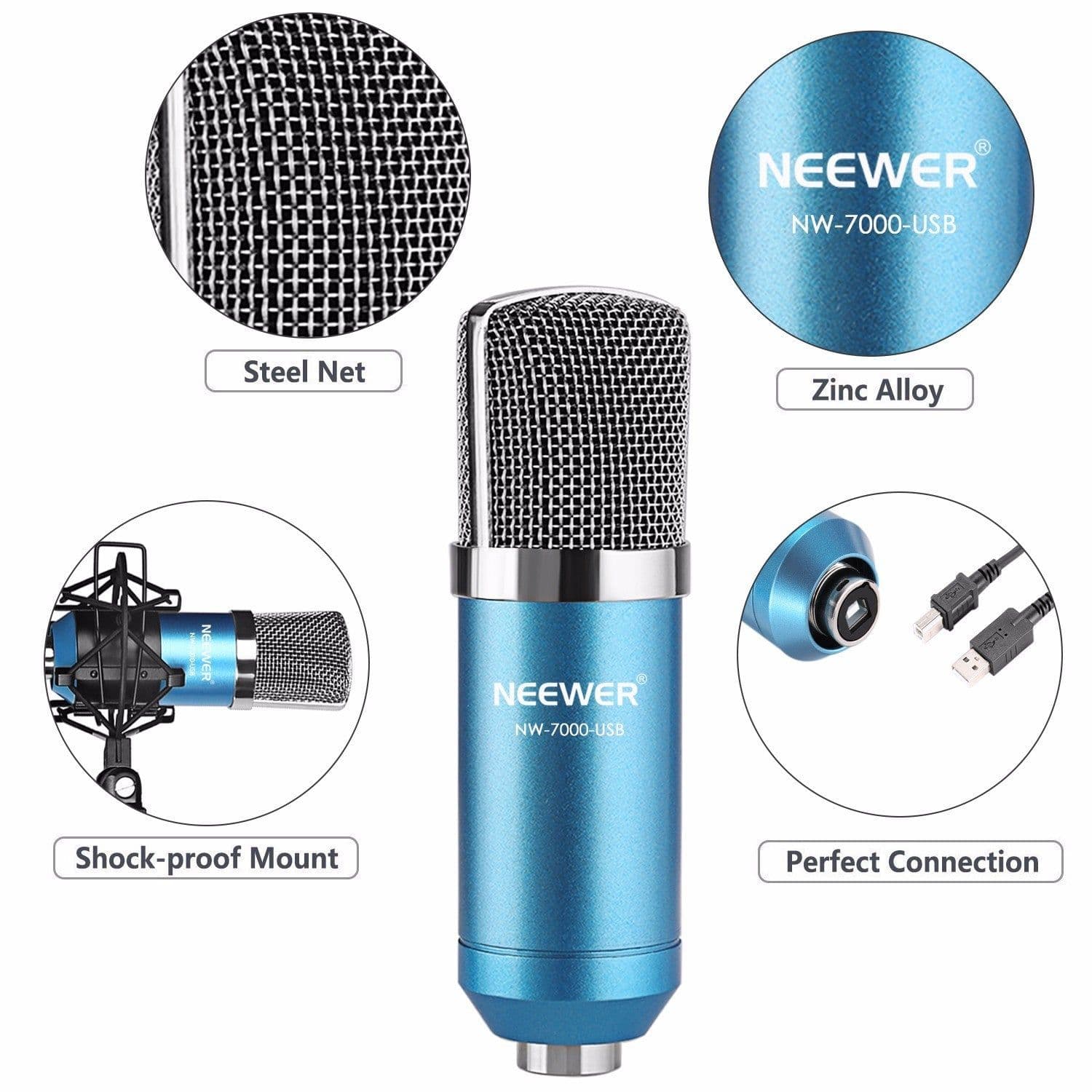 image-Neewer NW-7000 USB Professional Studio Condenser Microphone and NW-35 Adjustable Suspension Scissor Arm Stand with Shock Mount and Table Mounting Clamp Kit Perfect for Broadcasting and Sound Recording