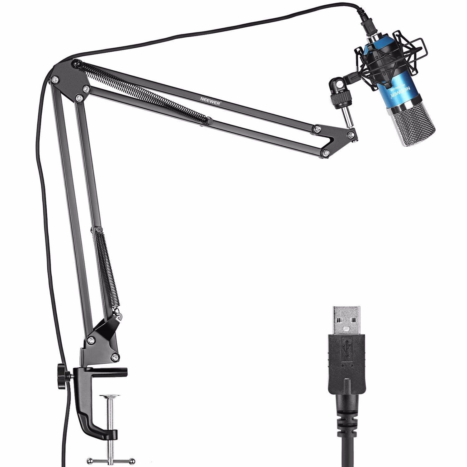 image-Neewer NW-7000 USB Professional Studio Condenser Microphone and NW-35 Adjustable Suspension Scissor Arm Stand with Shock Mount and Table Mounting Clamp Kit Perfect for Broadcasting and Sound Recording