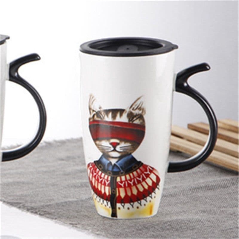 image-Cute Cat Ceramic Mug With Lid And Spoon Large Capacity Coffee Cup