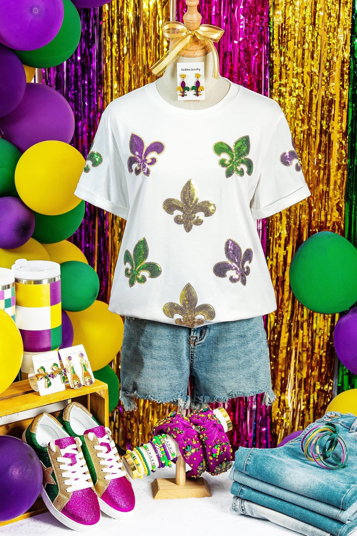 image-White Mardi Gras Fleur De Lis Sequin Graphic T-Shirt - White