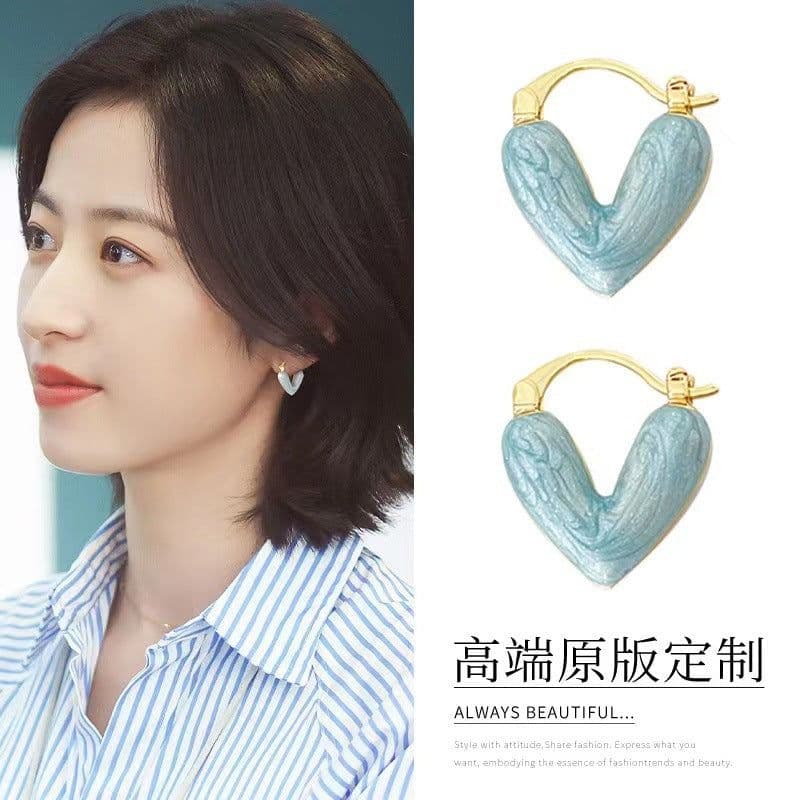 image-Star's same pearlescent color high-end drip glazed peach heart earrings French retro love earrings niche design earrings