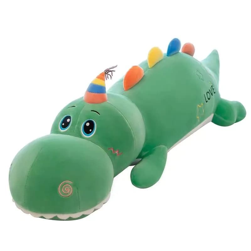 image-Cartoon large long dinosaur plush toy doll for girls to sleep on bed with legs folded and pillow as a birthday gift for girls