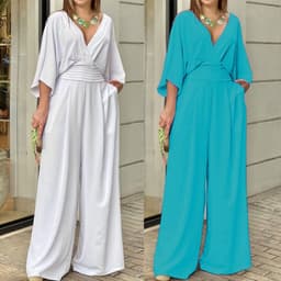 image-2023 Summer Cross-Border Independent Station Women's Jumpsuit Batwing Sleeve V-neck Backless Waist Trimming Loose Wide Leg Jumpsuit