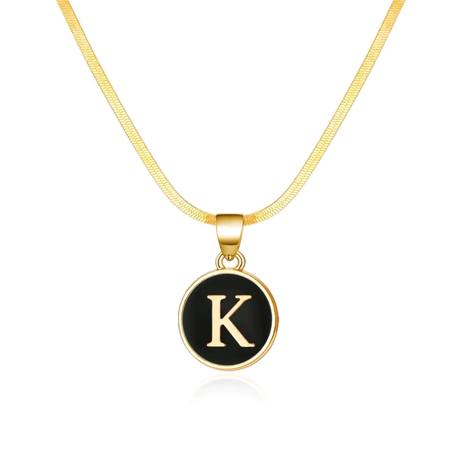 image-AliExpress cross-border best selling 26 letter necklace English letter round plate pendant necklace women's snake chain necklace