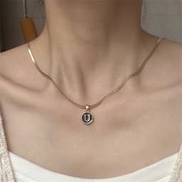 image-AliExpress cross-border best selling 26 letter necklace English letter round plate pendant necklace women's snake chain necklace